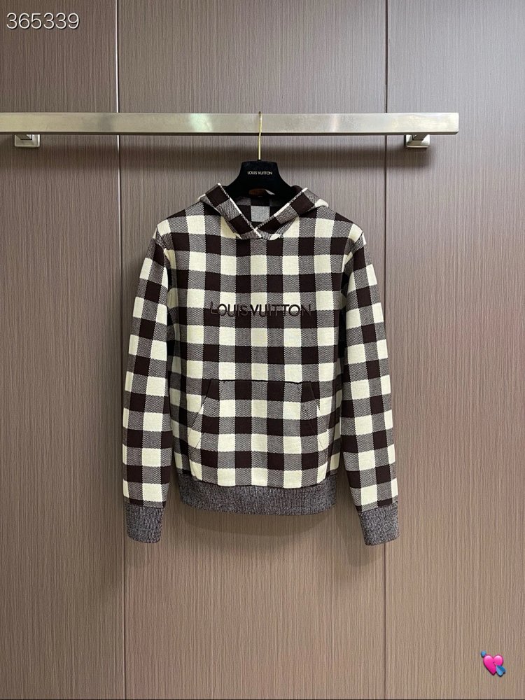 Louis Vuitton2026 New Men's Fashion Casual Letter Embroidery Color blocked Grid Knitted Hoodie卫衣