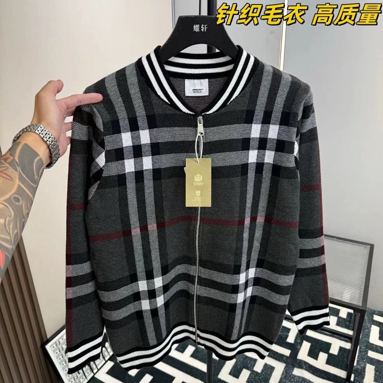 Burberry Knitted Sweater Splicing Checkered Cardigan Light Luxury Jacket Men's Trendy Brand | Superr