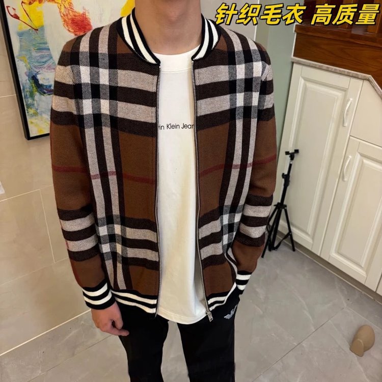 Burberry Knitted Sweater Splicing Checkered Cardigan Light Luxury Jacket Men's Trendy Brand | Superr
