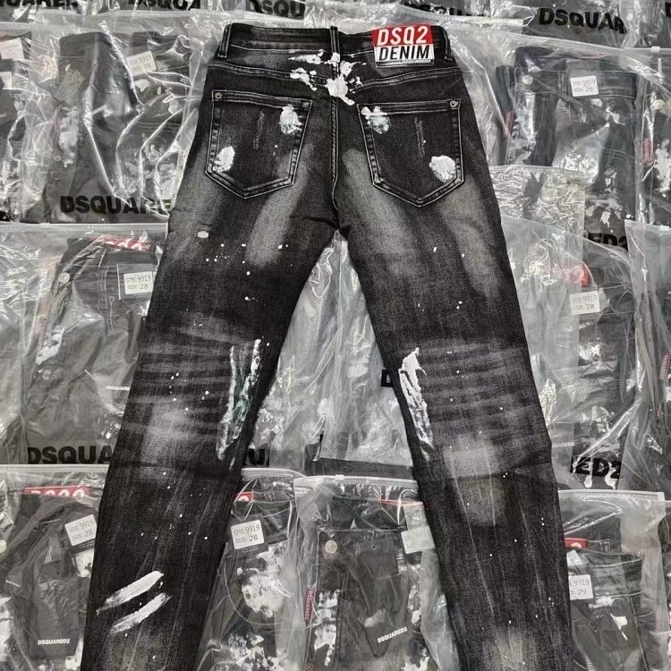 DSQUARED2  Knife cut ink ripped denim pants men's black light luxury straight leg slim fit pants |
