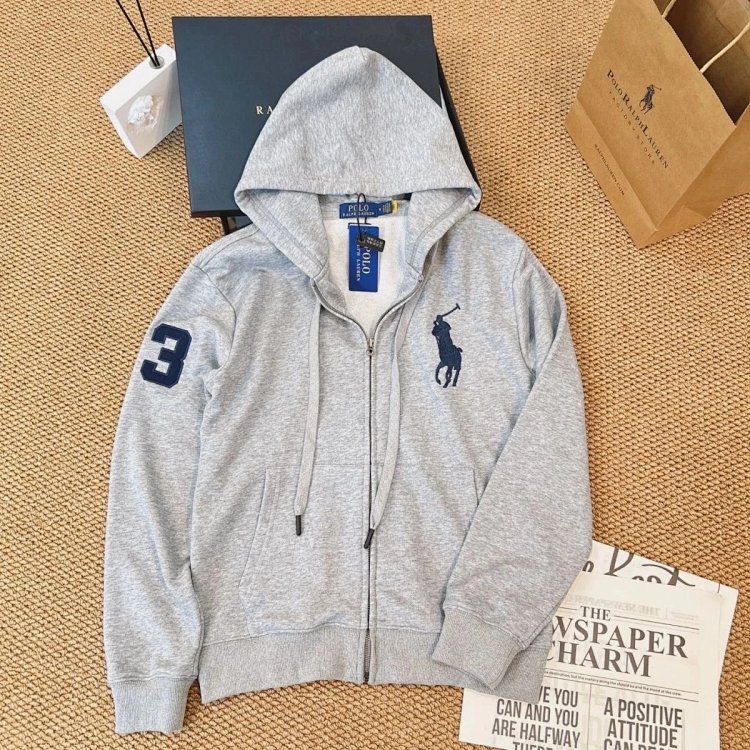 POLORalph Lauren hooded cardigan zipper jacket unisex ponytail with fleece warm hoodie | Superrbuy