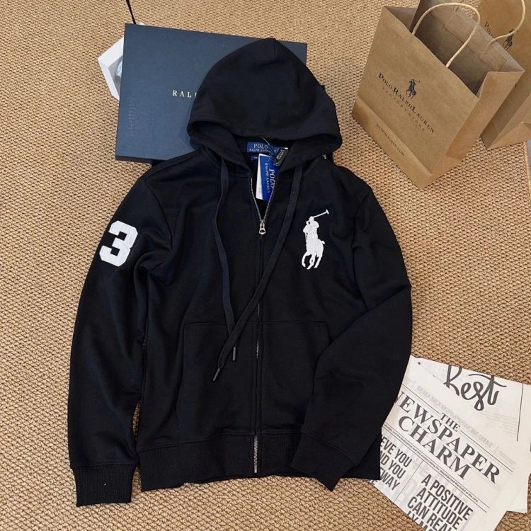 POLORalph Lauren hooded cardigan zipper jacket unisex ponytail with fleece warm hoodie | Superrbuy