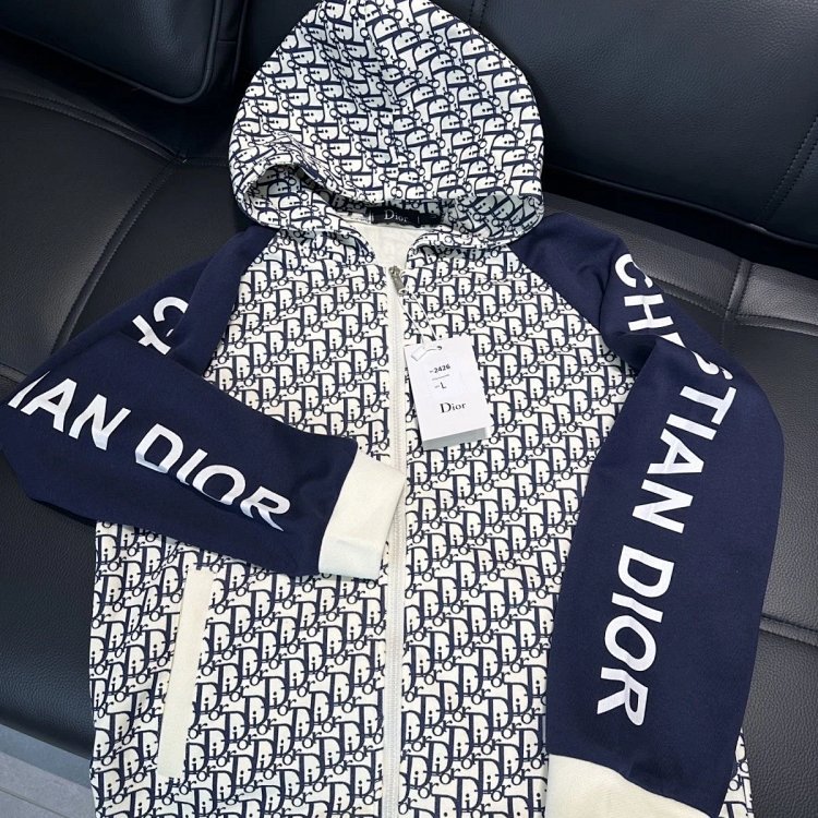 DIOR Light Luxury Full Print Spring and Autumn Coat unisex trendy brand cardigan hooded jacket | Sup