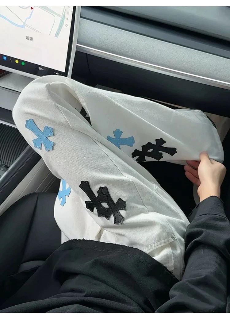 Chrome Hearts White Luxury Jeans Classic Leather Cross Men's and Women's Loose Straight Pants | Supe