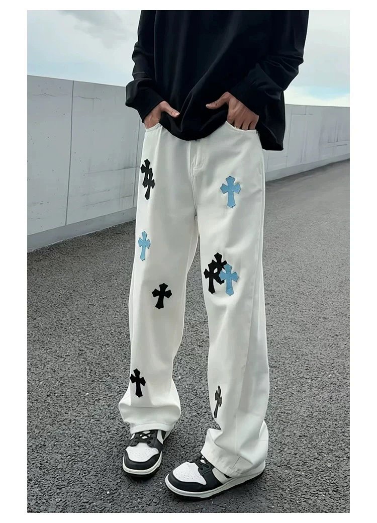 Chrome Hearts White Luxury Jeans Classic Leather Cross Men's and Women's Loose Straight Pants