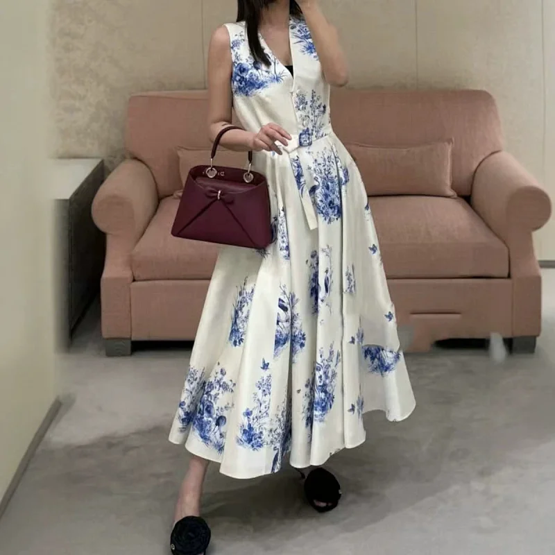 Seaside vacation blue and white printed long skirt | Superrbuy Spreadsheet