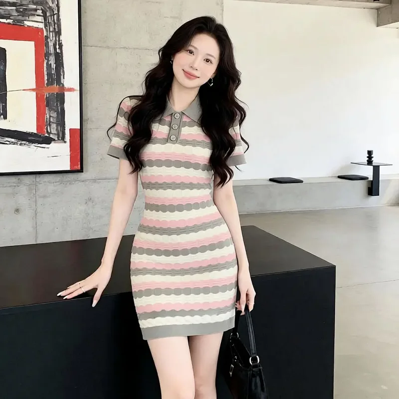 Summer new socialite small fragrant style striped French knitted dress | Superrbuy Spreadsheet