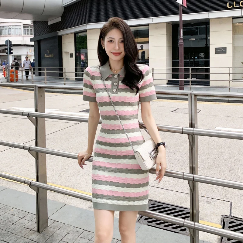 Summer new socialite small fragrant style striped French knitted dress | Superrbuy Spreadsheet