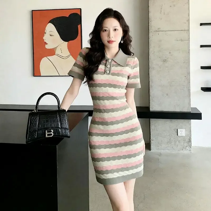 Summer new socialite small fragrant style striped French knitted dress | Superrbuy Spreadsheet