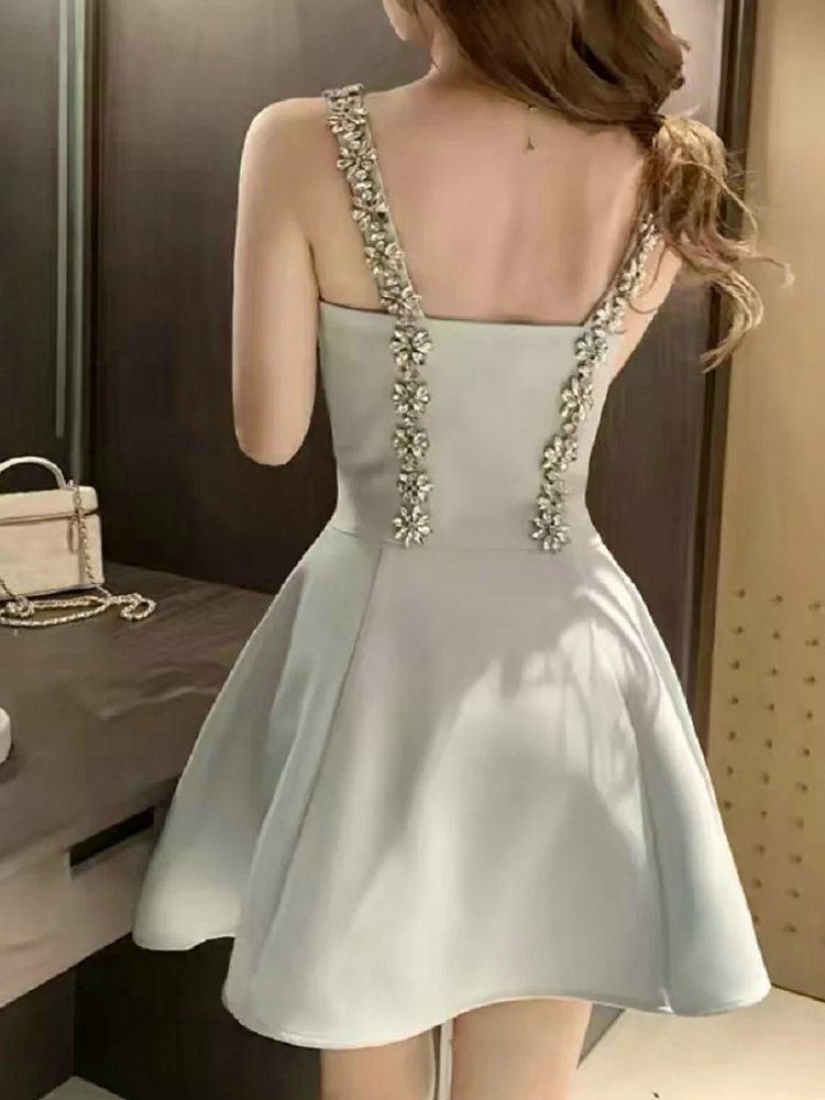 skiirt Summer new French heavy industry rhinestone suspender dress | Superrbuy Spreadsheet