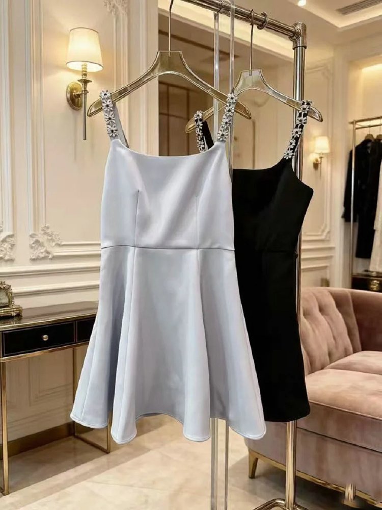 skiirt Summer new French heavy industry rhinestone suspender dress | Superrbuy Spreadsheet